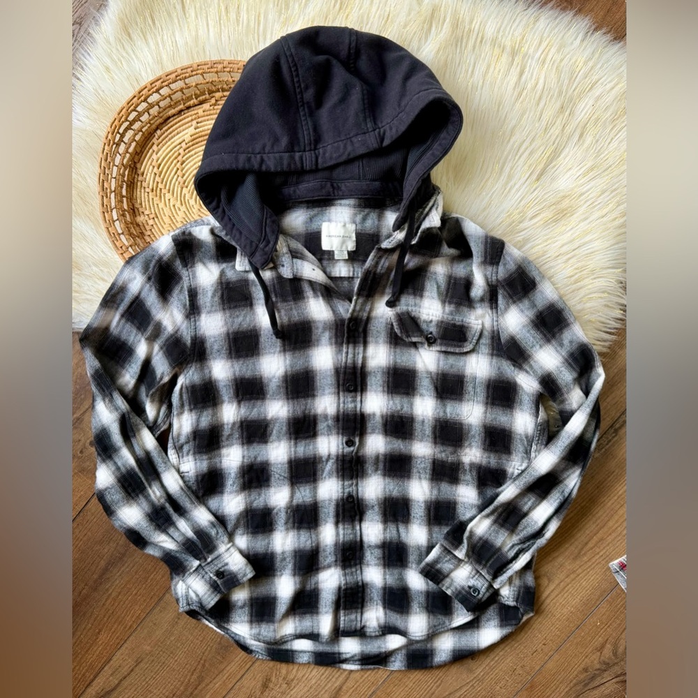 American Eagle Black White Plaid Hooded Button Down Flannel Shirt Size Large